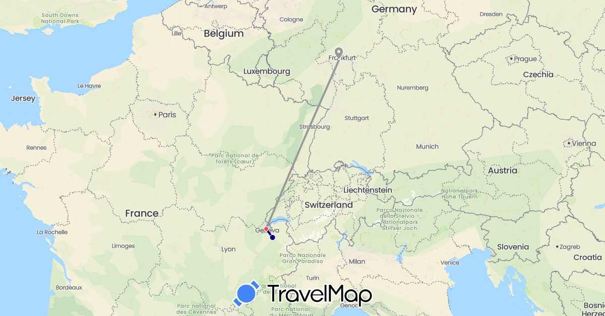 TravelMap itinerary: driving, plane, hiking in Switzerland, Germany, France (Europe)